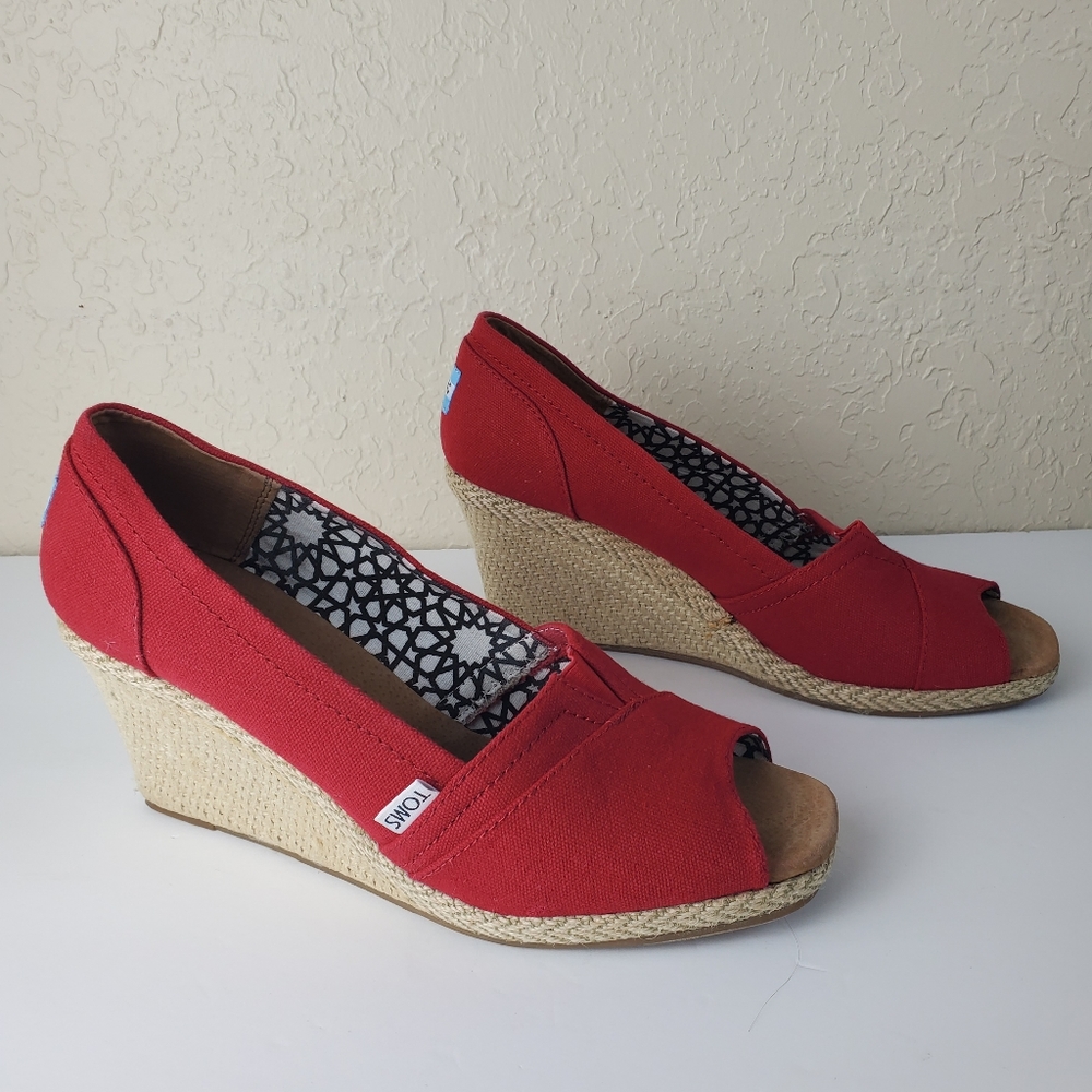 Toms Red Canvas Espadrille Wedge Peep-Toe